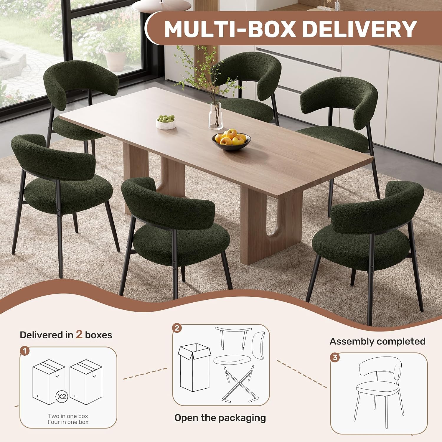 Dining Chairs Set of 6, Mid Century Modern Kitchen Chairs, Boucle Upholstered Dining Chair with Curved Backrest & Metal Legs for Kitchen Dining Room, Green