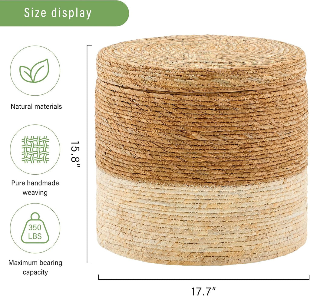 Wimarsbon Storage Pouf Ottoman, Hand Weaving Natural Straw Foot Stool, Bohemian Round Patio Ottomans, Rustic Lounge Pouffe, Outdoor Extra Seat for Garden