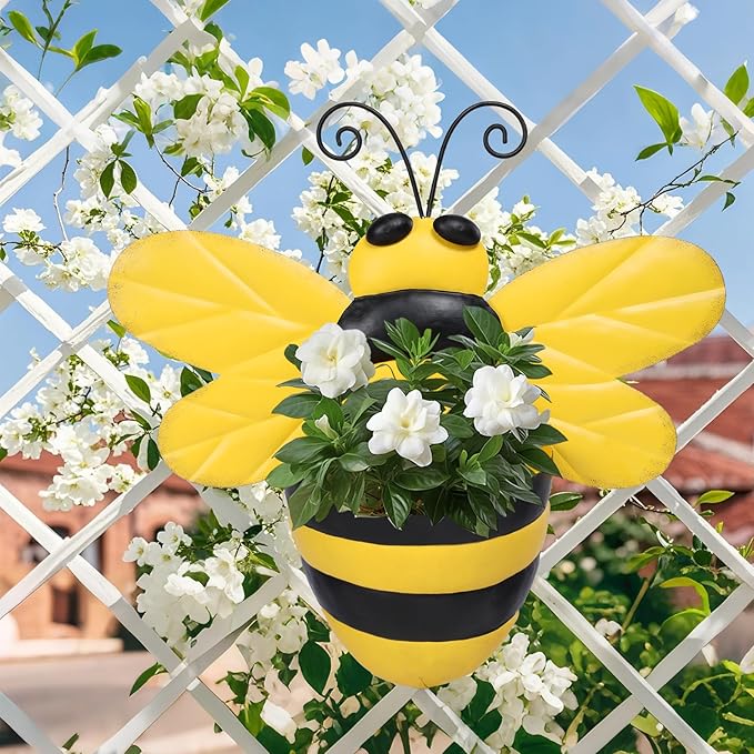 Metal Wall Planter Bee Wall Mounted Planters Small Flower Pot with Drainage for Indoor Outdoor Farmhouse Hanging Planter Succulent Plant Container Vertical Garden Yard Decor