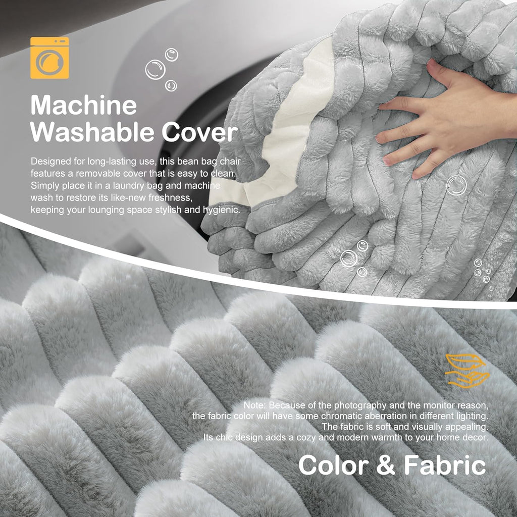 4FT Bean Bag Chair 4'Big Bean Bag Chairs with Adults, Large Beanbag Chair | Bean bag Lounger with Machine Washable Cover Corded Plush Fabric, Comfy Chairs for Living Room Bedroom Dorm, Lightgrey