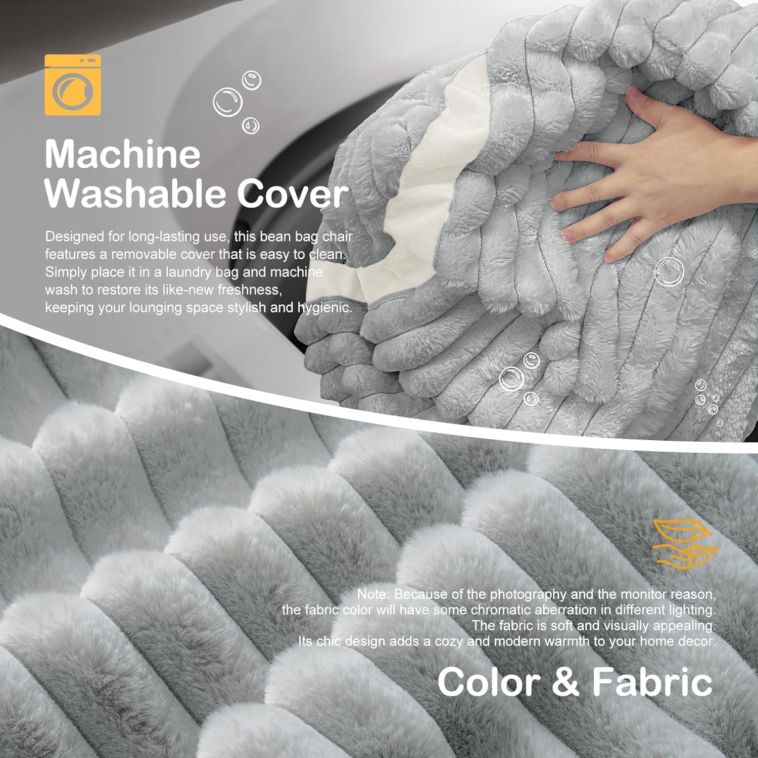 4FT Bean Bag Chair 4'Big Bean Bag Chairs with Adults, Large Beanbag Chair | Bean bag Lounger with Machine Washable Cover Corded Plush Fabric, Comfy Chairs for Living Room Bedroom Dorm, Lightgrey