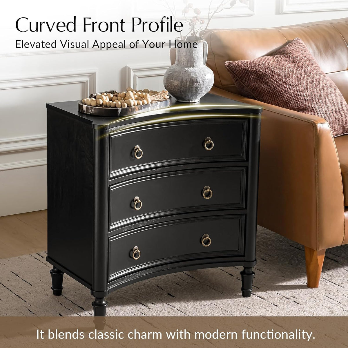 HULALA HOME 3 Drawer End Table with Charging Station, 26" Wide Endtable with Solid Wood Legs and Curved Profile, Classic Side Table for Living Room, Black