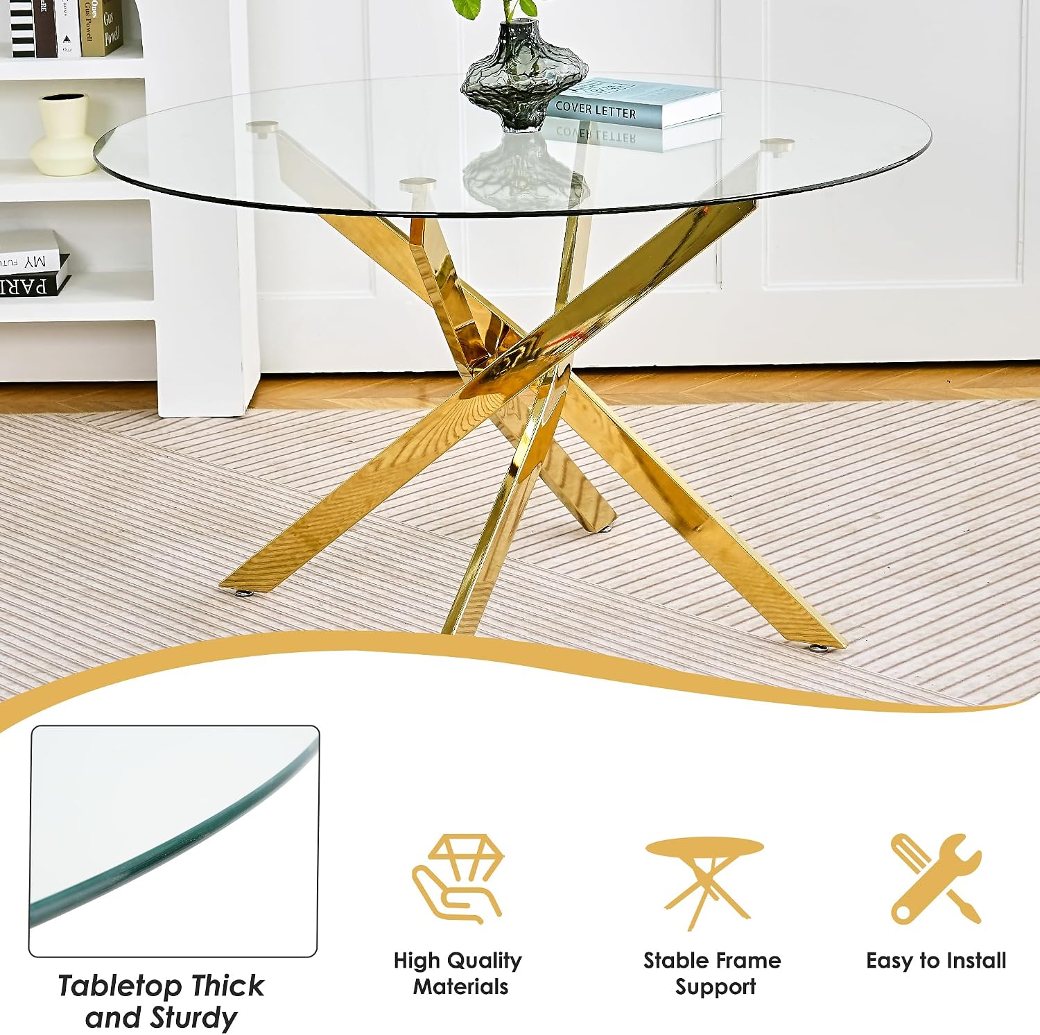 Gold Luxury Round Glass Dining Table Set for 2, 3 Pcs Clear Circle Glass Top Dinner Room Set, 36'' Modern Minimalist Circular Kitchen Table Set, Pink Woven Chair, for Small Place Apartment