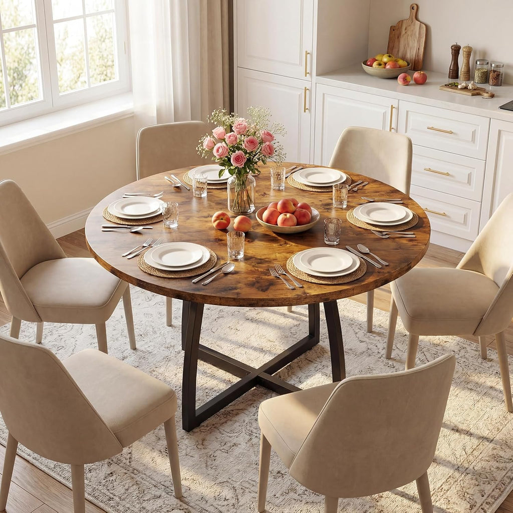 CHOEZON 47.2-Inch Round Dining Table for 4, Kitchen Dining Room Circle Dinner Pedestal Table, Farmhouse Kitchen Table with Retro Brown Tabletop, Curved Black Metal Legs, Easy Assembly TCZ13BFC1
