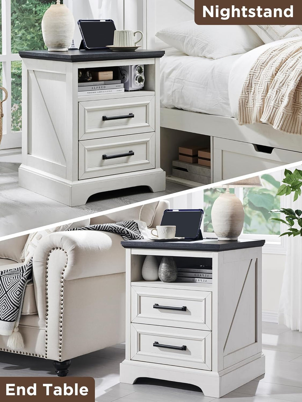 ACCOHOHO 18" Farmhouse Nightstand Set of 2 with Charging Station,End Table with 2 Drawers Storage,Side Table,Bedside Cabinet for Bedroom,Living Room, Antique White