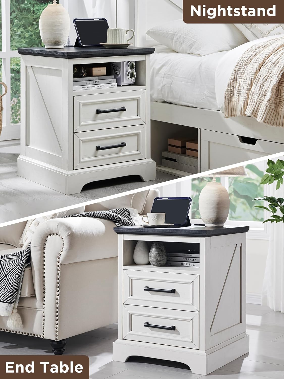 ACCOHOHO 18" Farmhouse Nightstand Set of 2 with Charging Station,End Table with 2 Drawers Storage,Side Table,Bedside Cabinet for Bedroom,Living Room, Antique White