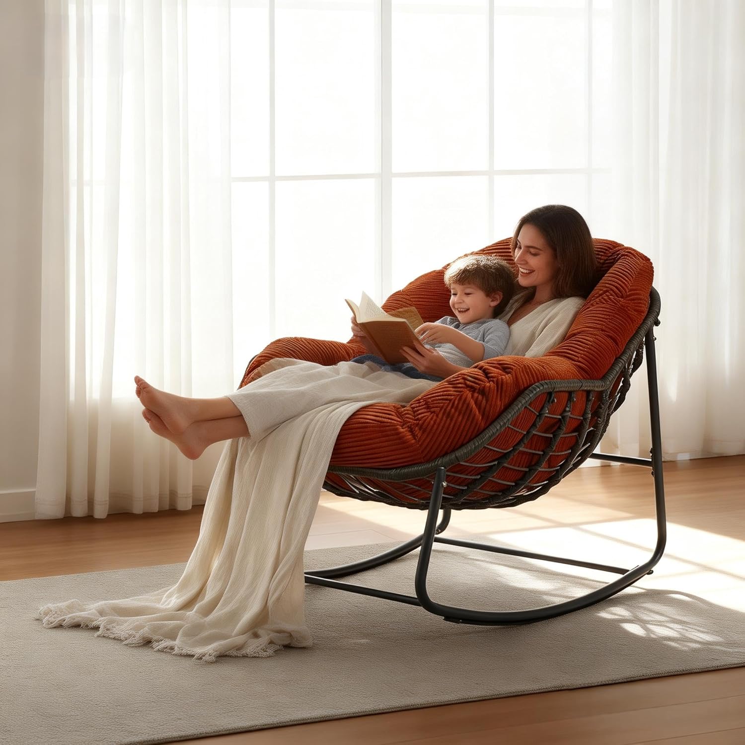 Oversized Outdoor Papasan Rocking Chair with Soft Cushion, Comfy Patio Egg Chair, Wicker Lounge Rocker for Balcony/Porch/Garden, Reinforced All Weather Rattan Frame, 330 lbs Support, Burnt Orange