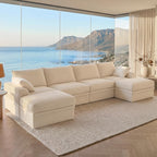 142" Upgraded Couch with Storage, Modular Sectional Couches for Living Room, Oversized Deep Seat 6-Seat U Shaped Cloud Sofa with Ottoman & Pillows,Corduroy,No Assembly(Beige)