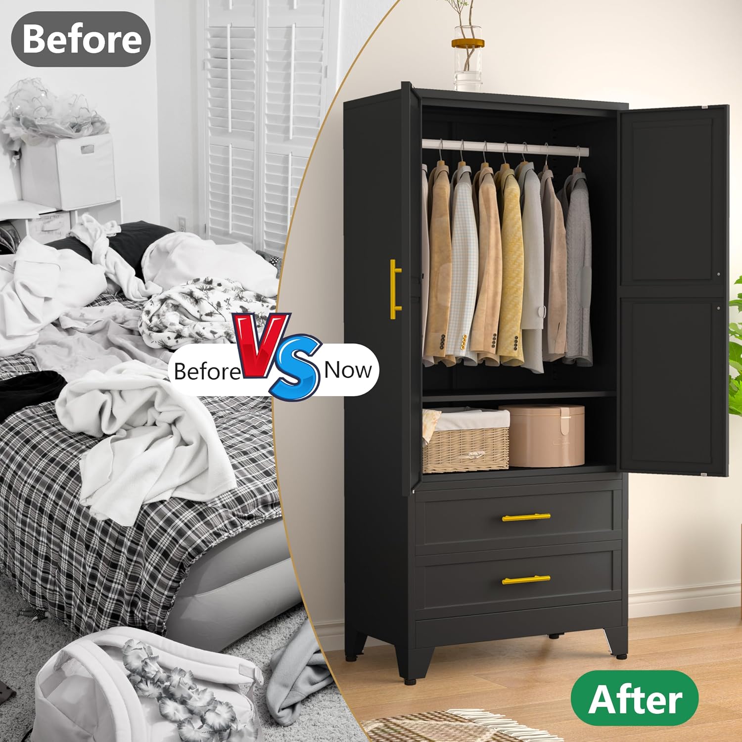 pozdeg 71" Metal Armoire Wardrobe Closet, Tall Clothing Storage Cabinet with Hanging Rods and 2 Drawers, Household Closet Organizers with Adjustable Shelves for Home Office or Gym (Armoire-Black)