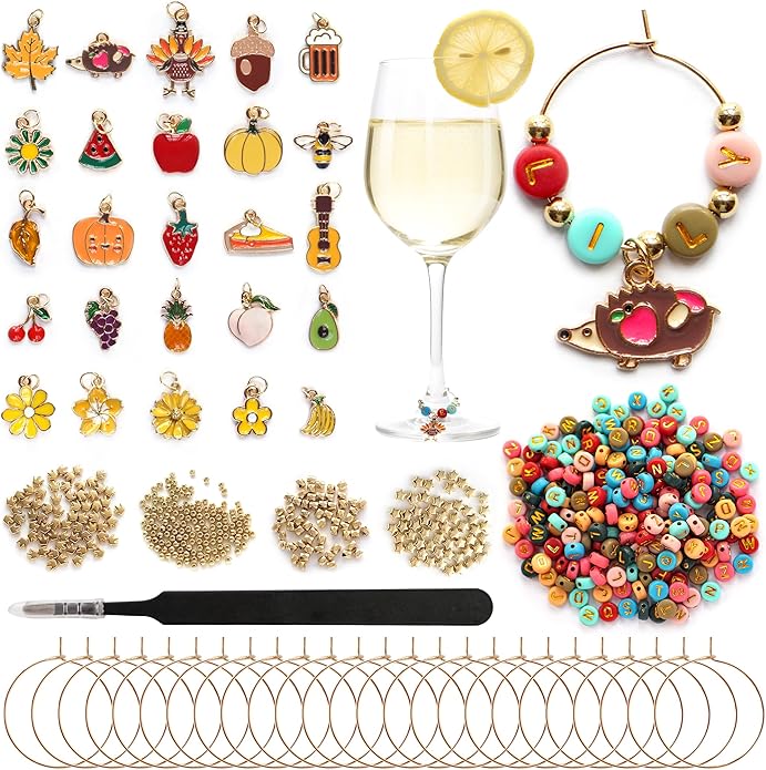DIY Wine Glass Charms Kit, 25pcs Personalized Reusable Drink Marker Tags, Glass Identifiers for Wine Tasting Party, Unique Hostess Gifts & Party Decorations