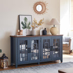 Joaxswe Large Sideboard Buffet Cabinet with Storage, 63" Farmhouse Navy Blue Kitchen Coffee Wine Bar Cabinet with 4 Glass Doors, Mid Century Modern Wood Side Board Table for Dining Room, Living Room