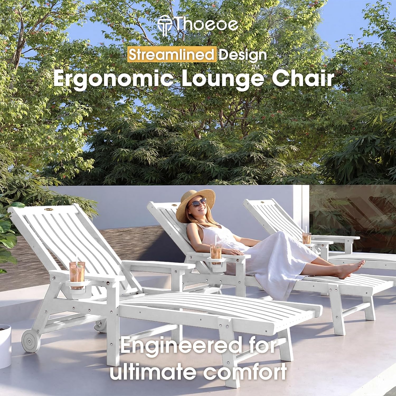 THOEOE Patio Chaise Lounge Chair,HDPE Lounge Chair Outdoor with Wheels | Oversized pool lounge chairs with cup holder, 5 adjustable position for patio,outside,pool,deck