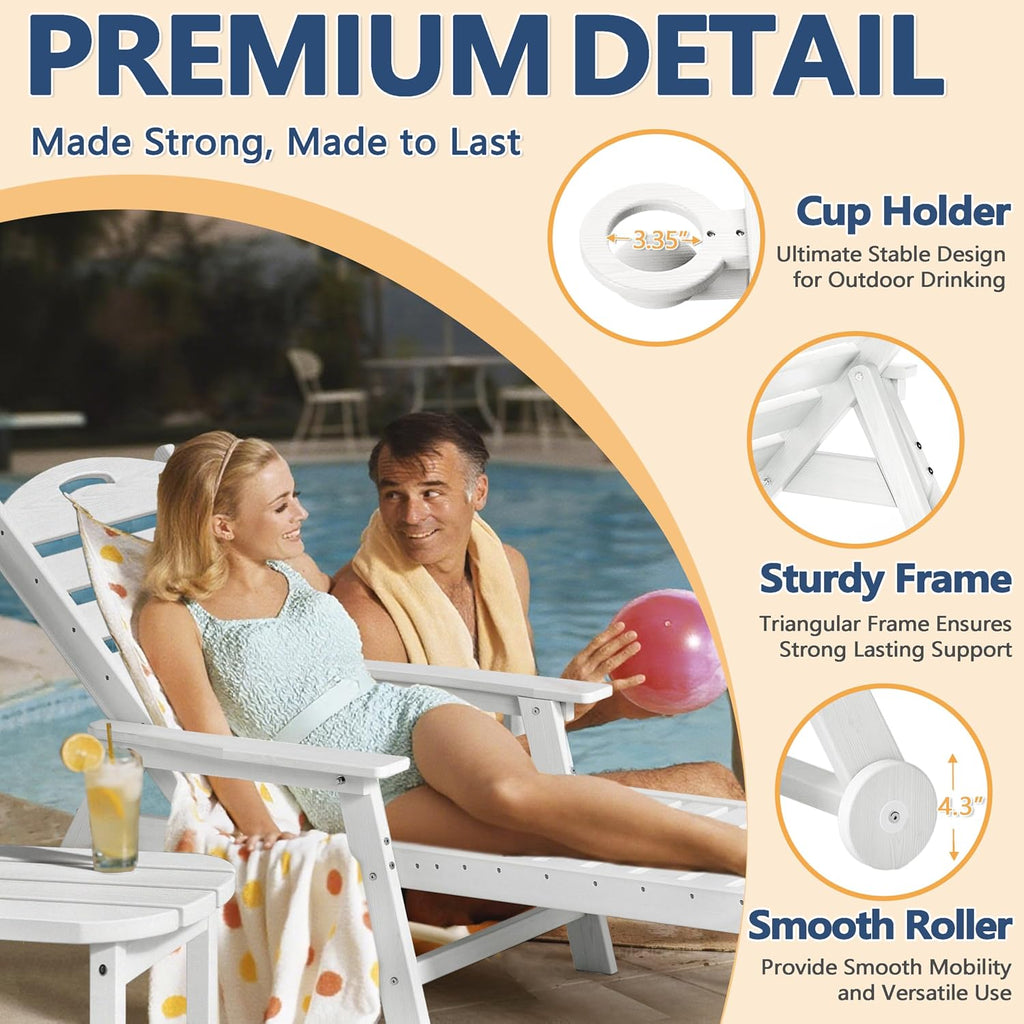 Patio Chaise Lounge Chair Set of 2, HDPE Outdoor Lounge Chairs with 5-Position Adjustable Backrest, Cup Holder and Wheels, 450lbs Capacity for Poolside Deck Backyard, All Weather Material(White)
