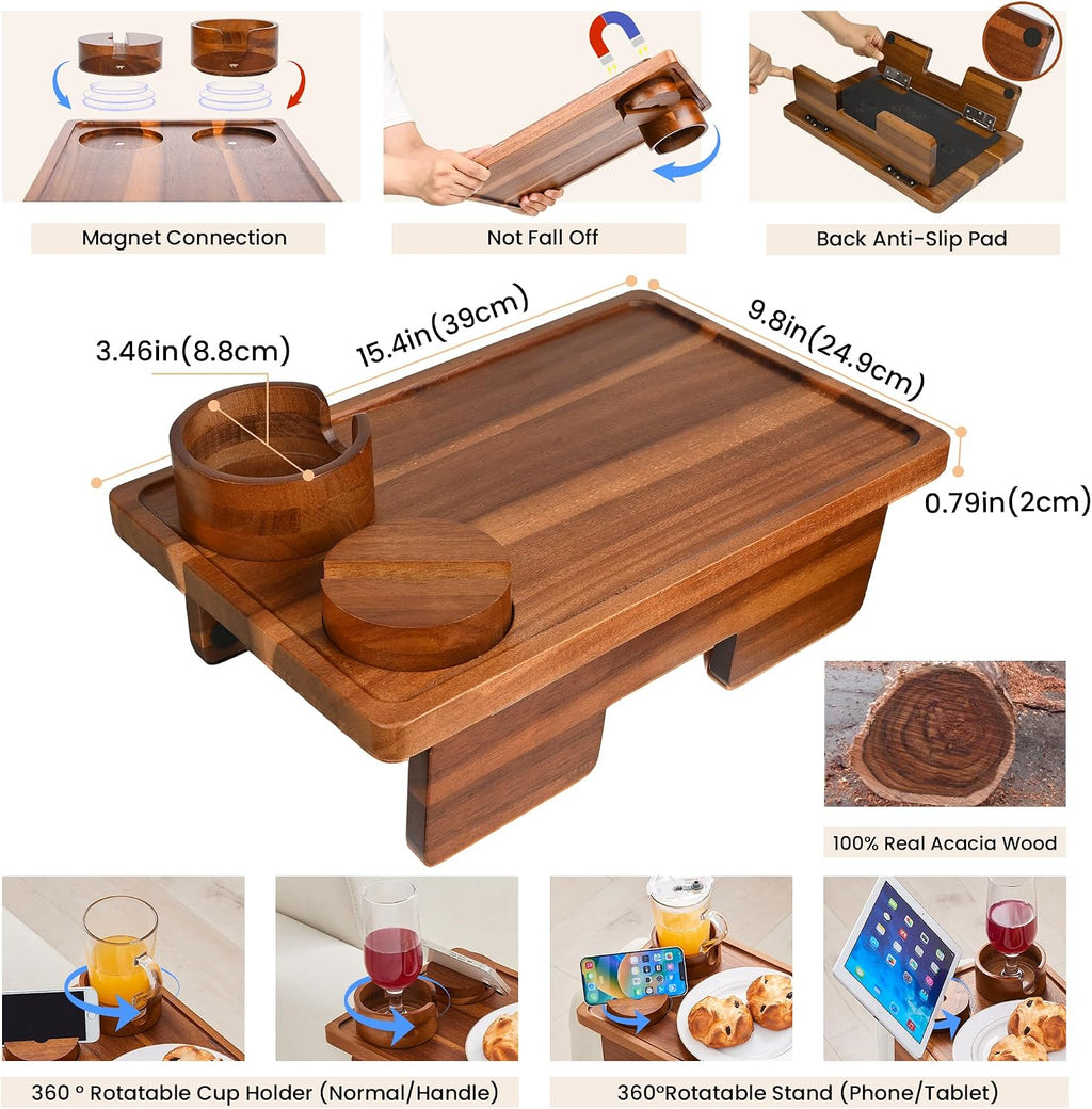 GEHE Real Acacia Wood Couch Armrest Table, 15.4"x9.8" Couch Arm Tray Table, 3 in 1 Removable Sofa Cup Holder wtih 360° Rotated Phone Holder, Clip on Armrest Tray for Drinks, Snacks, Phone, Control