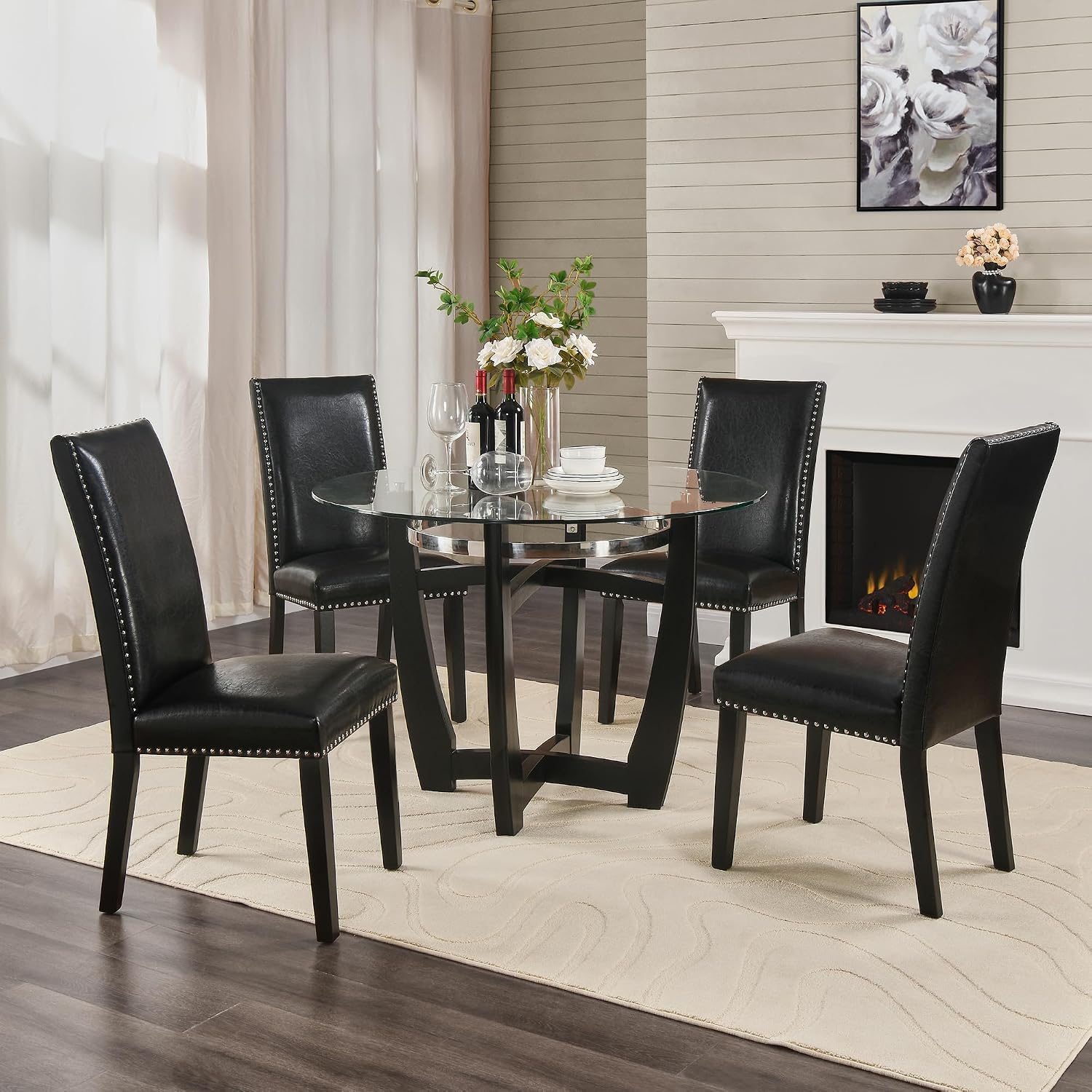 LEEMTORIG Set of 4 Upholstered Parsons Dining Chairs, Faux Leather Dining Room Kitchen Side Chair with Nail-Head Trim for Living Room Bedroom Outdoor Lounge Guest Cafe, Midnight Black CY-1122-BK02