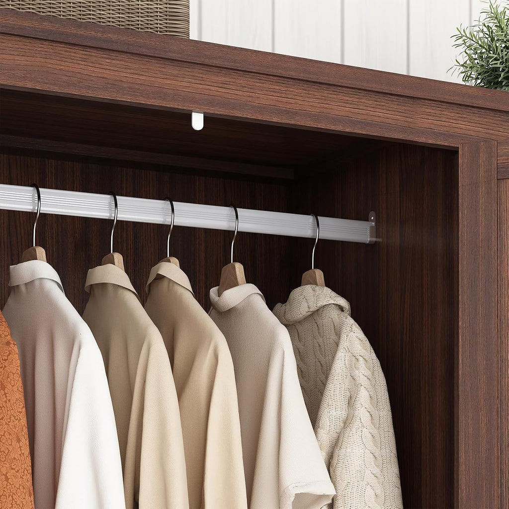 Hlivelood 3 Doors Wardrobe Armoire Closet with Doors and Drawers, Farmhouse Wooden Armoire Storage Cabinet with Shelves & Hanging Rod for Bedroom, Brown