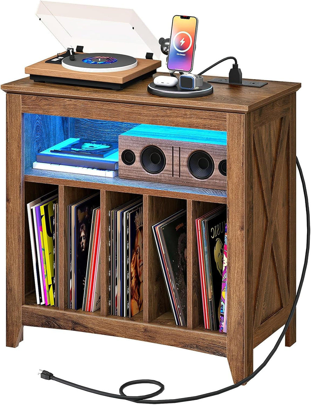 CHOEZON Record Player Stand with Charging Station and Light Strip, Vinyl Record Storage Holder, holds up to 200 Albums, Turntable Stand Display Shelf, for Living Room, Bedroom, Walnut MBZ09UDHT