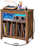 CHOEZON Record Player Stand with Charging Station and Light Strip, Vinyl Record Storage Holder, holds up to 200 Albums, Turntable Stand Display Shelf, for Living Room, Bedroom, Walnut MBZ09UDHT