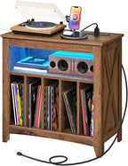 CHOEZON Record Player Stand with Charging Station and Light Strip, Vinyl Record Storage Holder, holds up to 200 Albums, Turntable Stand Display Shelf, for Living Room, Bedroom, Walnut MBZ09UDHT