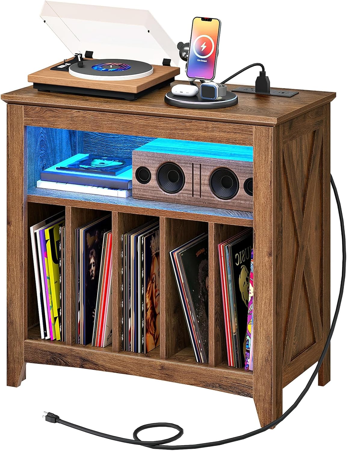 CHOEZON Record Player Stand with Charging Station and Light Strip, Vinyl Record Storage Holder, holds up to 200 Albums, Turntable Stand Display Shelf, for Living Room, Bedroom, Walnut MBZ09UDHT