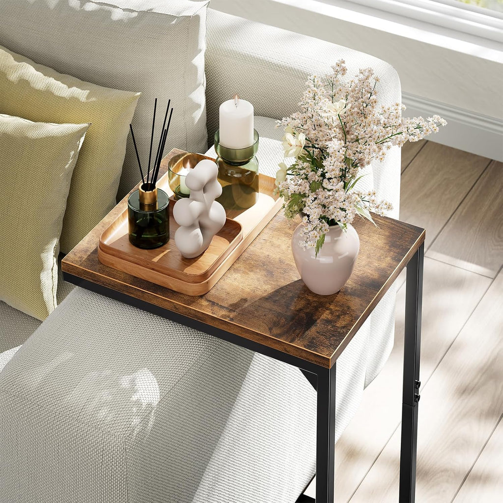 Simple Trending C Shaped End Table, TV Tray for Couch, Small Side Table with Metal Frame, for Living Room Bedroom, Rustic Brown