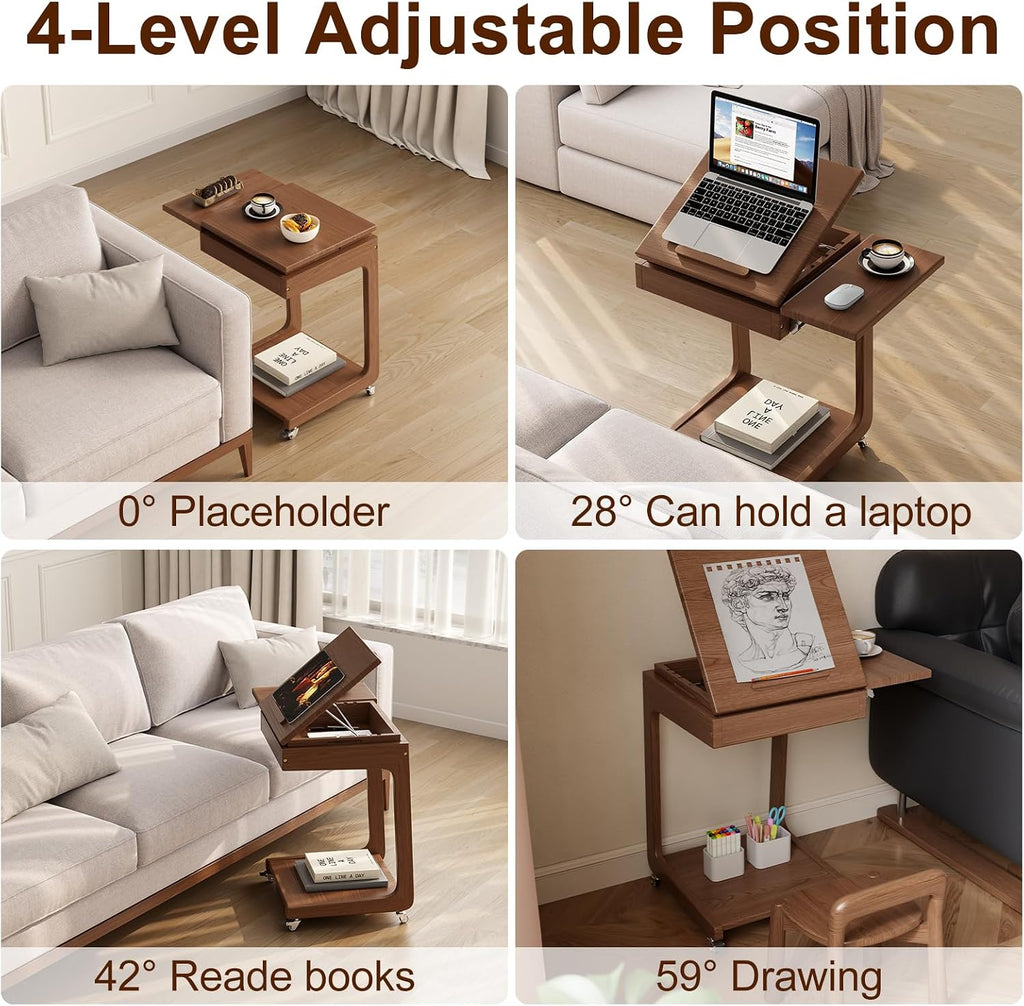 Solid Wood C Shaped End Table for Couch,Walnut C Table with Wheels,Rolling Side Table with Storage,Couch Desk with Adjustable Desktop,Rolling Tv Tray with Folding Shelf,Modern Couch Table