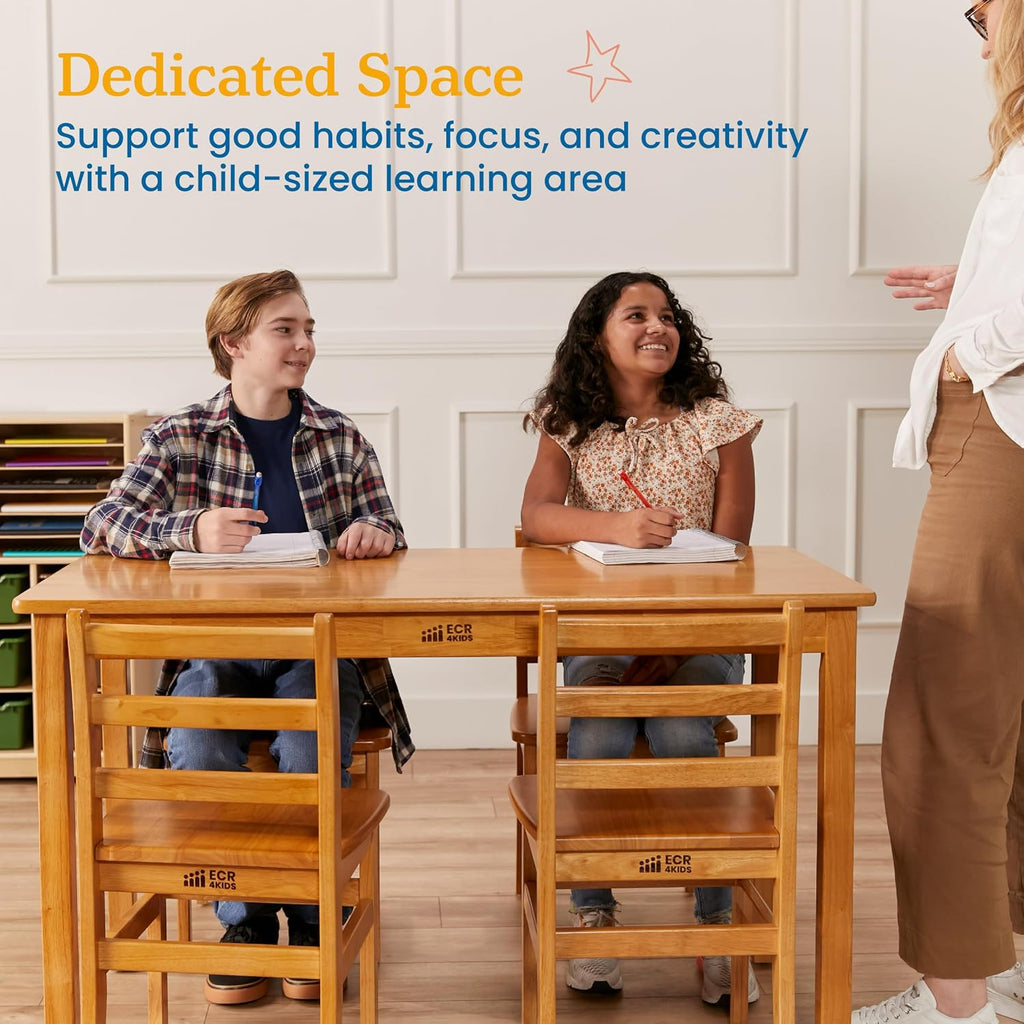 ECR4Kids 24in x 48in Rectangular Hardwood Table with 28in Legs and Four 16in Chairs, Kids Furniture, Honey, 5-Piece | Durable rubberwood, GREENGUARD Gold Certified, ANSI/BIFMA Compliant, 10-12 years, 200 lb seat capacity, classroom & home use