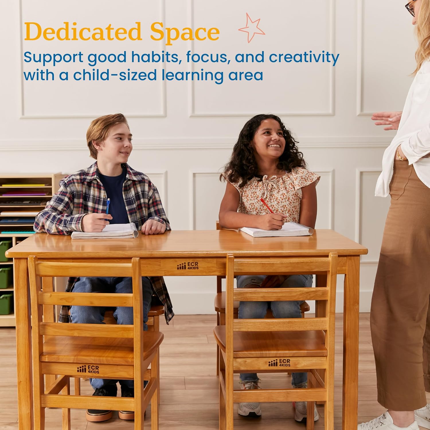 ECR4Kids 24in x 48in Rectangular Hardwood Table with 28in Legs and Four 16in Chairs, Kids Furniture, Honey, 5-Piece | Durable rubberwood, GREENGUARD Gold Certified, ANSI/BIFMA Compliant, 10-12 years, 200 lb seat capacity, classroom & home use