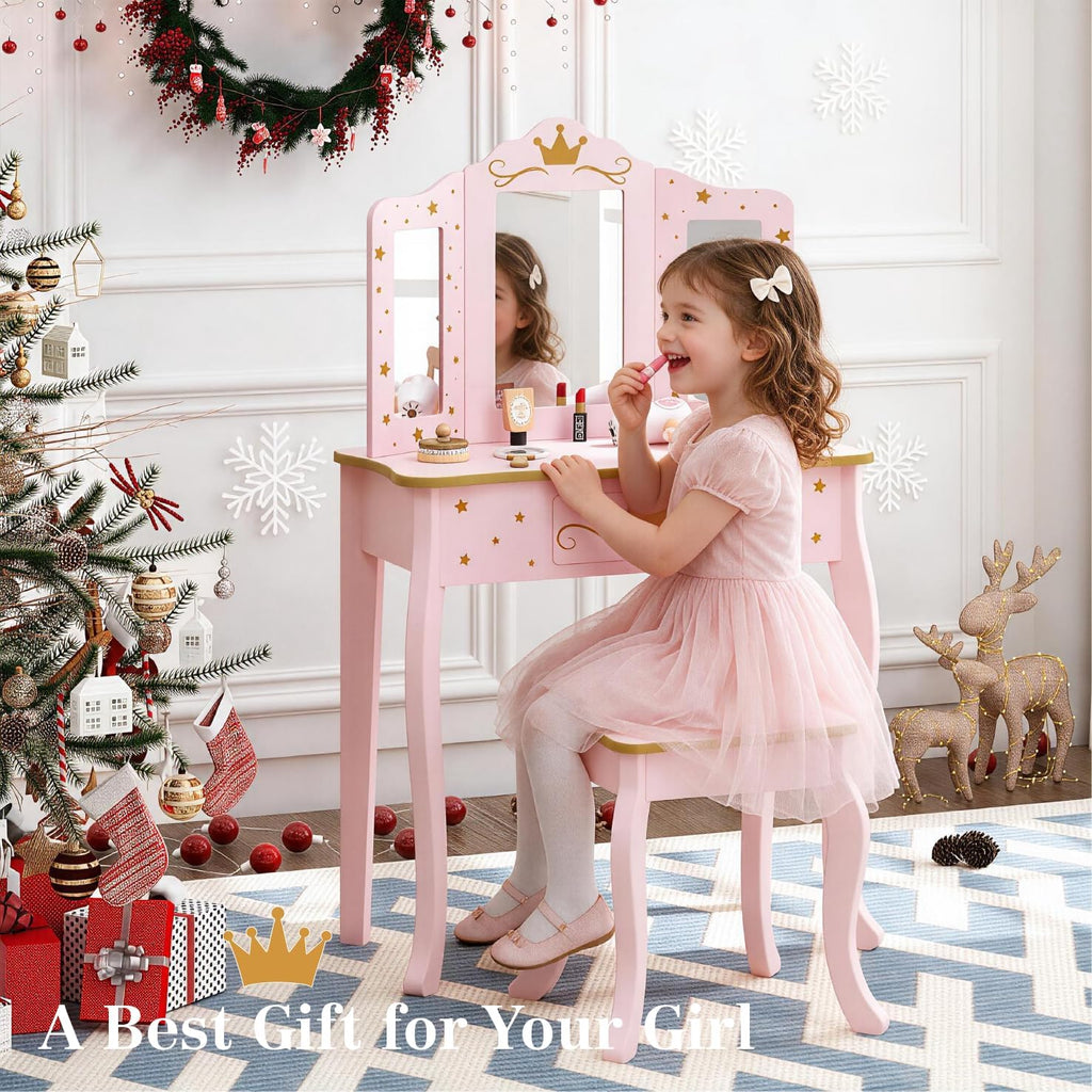 UTEX Pink Crown Princess Kids Vanity Set with Drawer for Little Girls | Wooden Toddler Vanity, Kids Vanity Table and Chair Set, Crown and Star Patterns, Gold Edge Trim, Princess Style