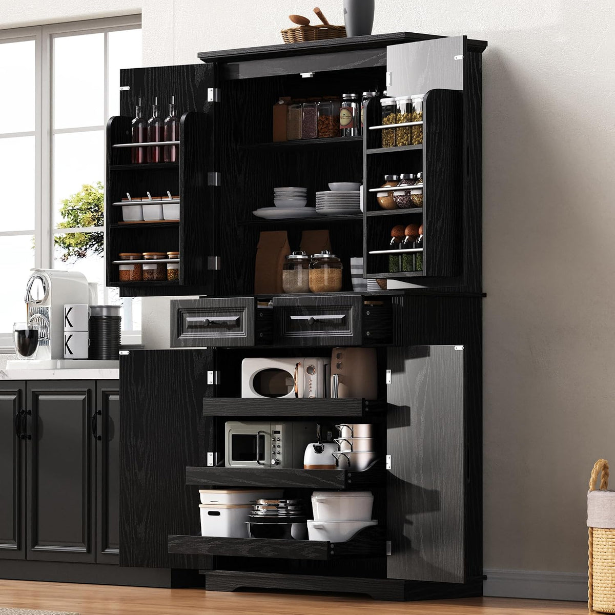71" Tall Kitchen Pantry Cabinet, Freestanding Storage Cabinet with 3 Pull-Out Cabinet Organizers 6 Door Storage Shelves 2 Drawers, Farmhouse Embossed Texture Cupboard for Kitchen, Black