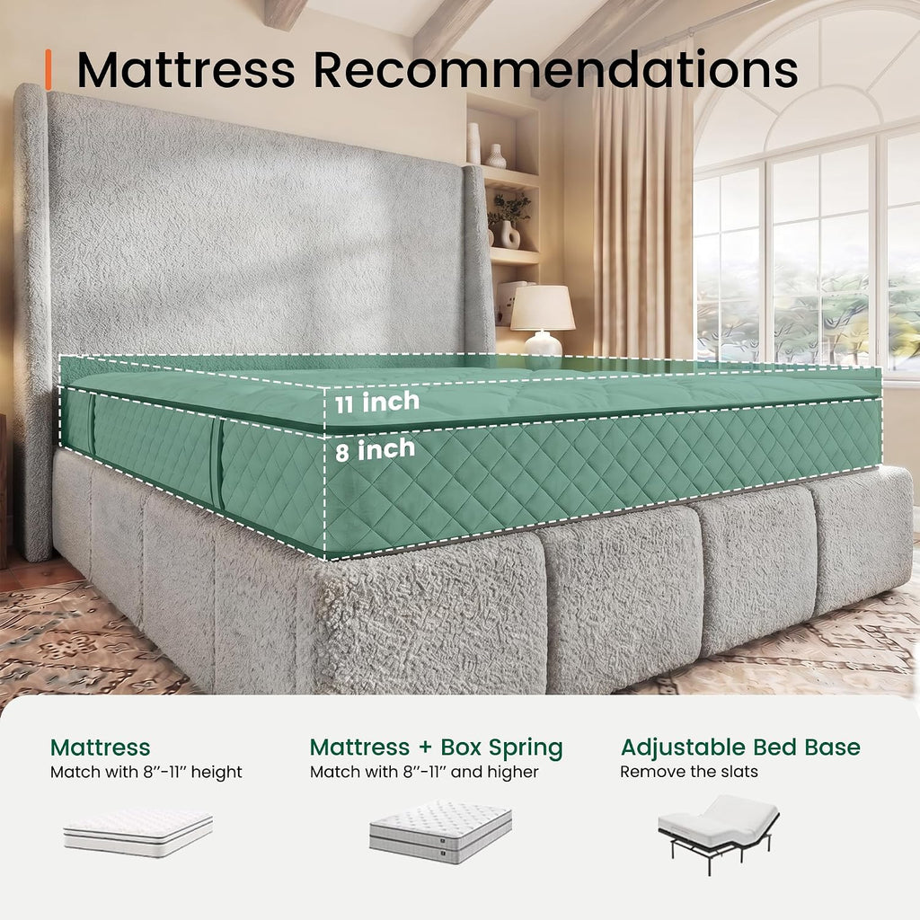 LARMACE Queen Size Bed Frame 54.2" Extra Tall Wingback Headboard, Lambswool Upholstered Platform Bed with Legs Featuring Built-in Charging Ports, Wood Slats, No Box Spring Needed,Light Grey