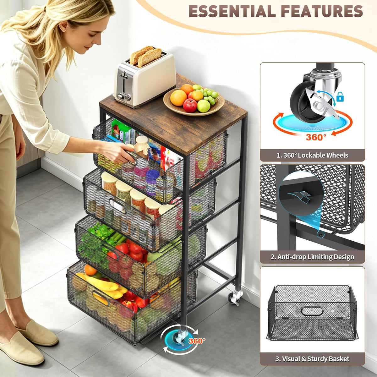 SUNALLY Rolling Kitchen Cart with Drawers, 4-Tier Utility Cart Fruit Vegetable Storage Cart with Lockable Wheels, Wooden Top Metal Kitchen Storage Organizer for Cans, Snacks, Beauty, Craft, Art, Black