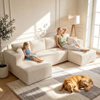 130" Couch U-Shaped Sectional Sofa, Beige | Corduroy Cloud Couch with Double Chaise, 30D Memory Foam, Compressed Sofa for Living Room, No Assembly Required
