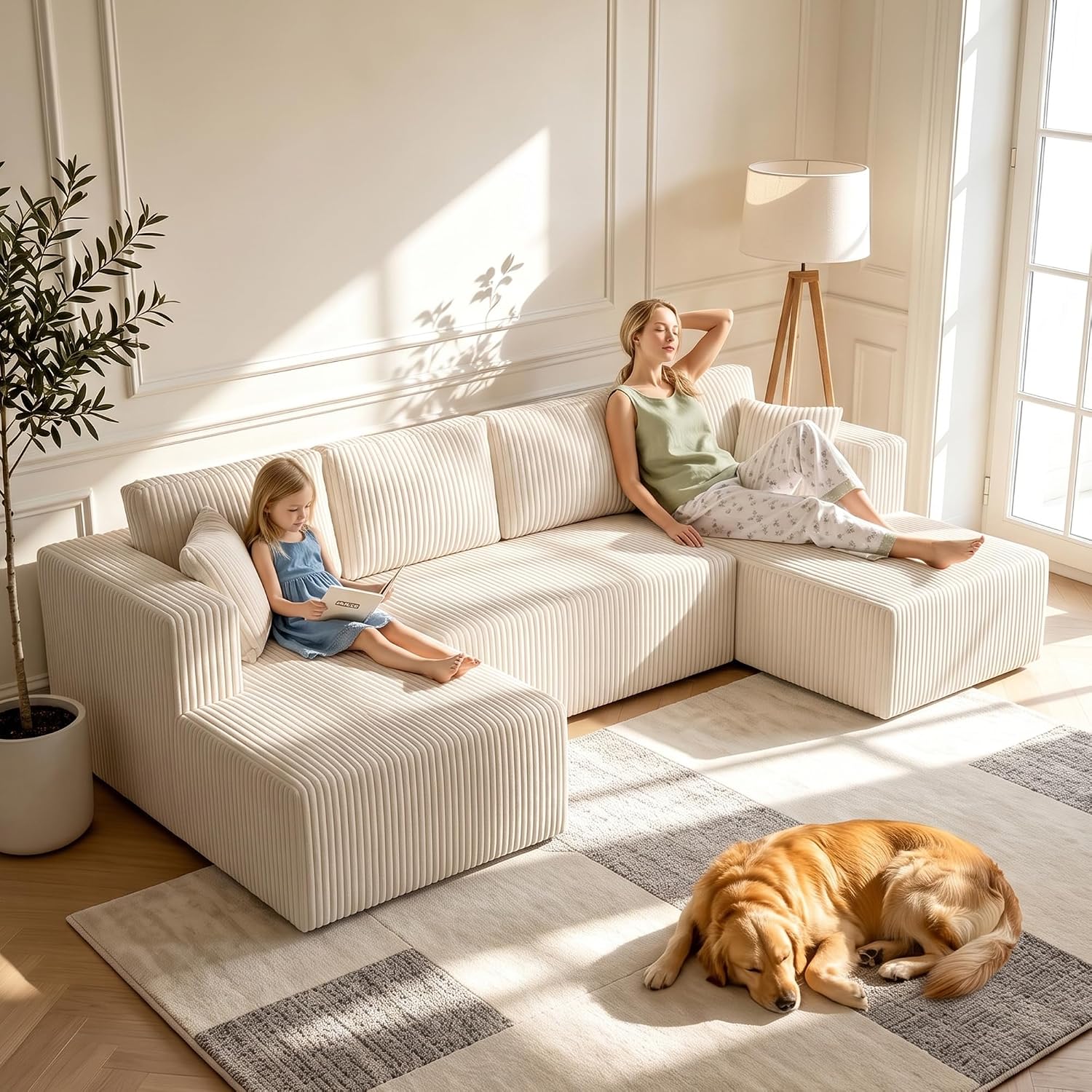 130" Couch U-Shaped Sectional Sofa, Beige | Corduroy Cloud Couch with Double Chaise, 30D Memory Foam, Compressed Sofa for Living Room, No Assembly Required