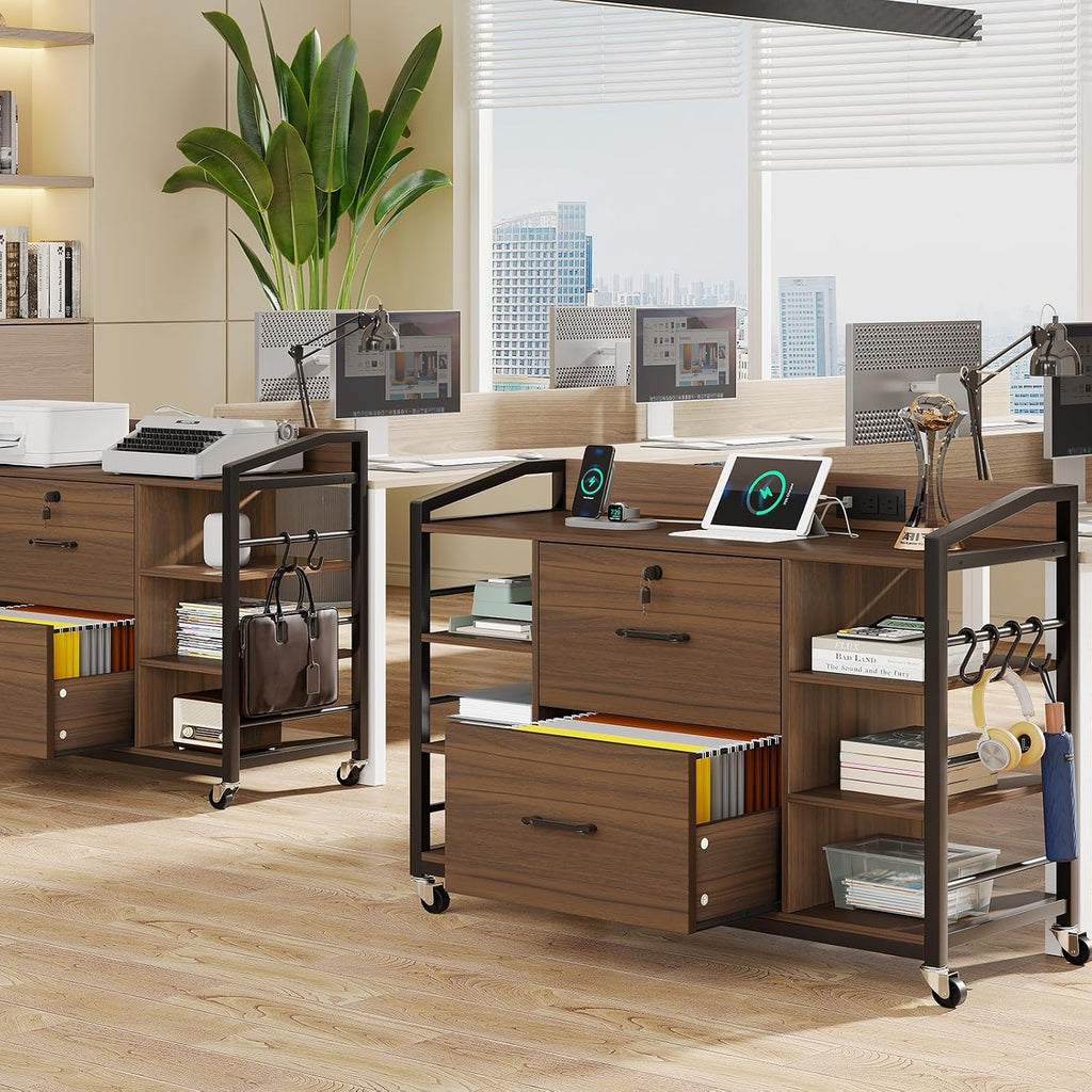 SEDETA 44" File Cabinet with Lock, Filing Cabinet fits Legal/Letter Size | Walnut Lateral 2 Drawer Filing Cabinets for Home Office with Lock, Power Strip, 6 Storage Shelves, Wheels and 4 Hooks