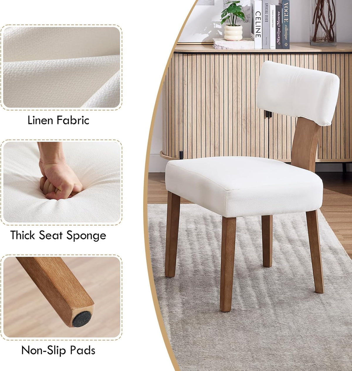 Mid Century Modern Dining Chairs Set of 4, Linen Fabric Upholstered Dining Chairs with Wood Legs, Farmhouse Kitchen Chair Armless, Comfy Side Chairs for Dining/Living Room/Kitchen, Cream