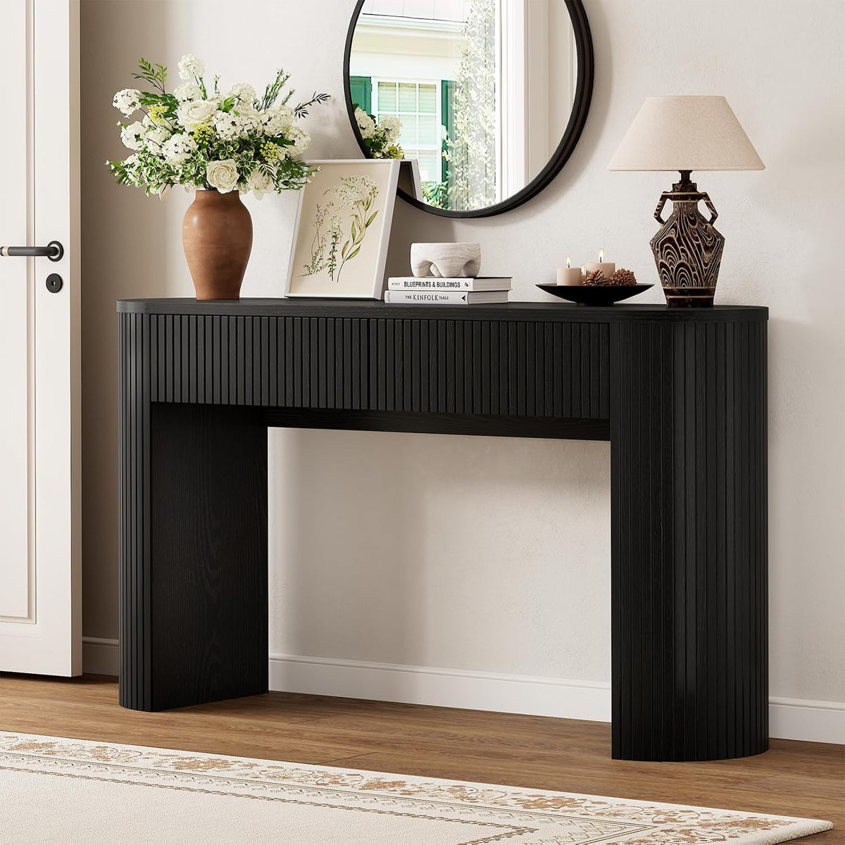 Console Table with Storage Drawers, 55 Inch Fluted Entryway Tables, Mid-Century Sofa Table Behind Couch, Wood Thin Hallway Tables, Modern Foyer Table for Living Room, Hallway, Accent Home Decor Black