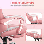 Yaheetech Gaming Chair with Footrest Massage Lumbar Pillow Pink and White | Foam-padded PU leather racing seat and plush headrest recline with a slide-out footrest; metal frame supports up to 300 lb.