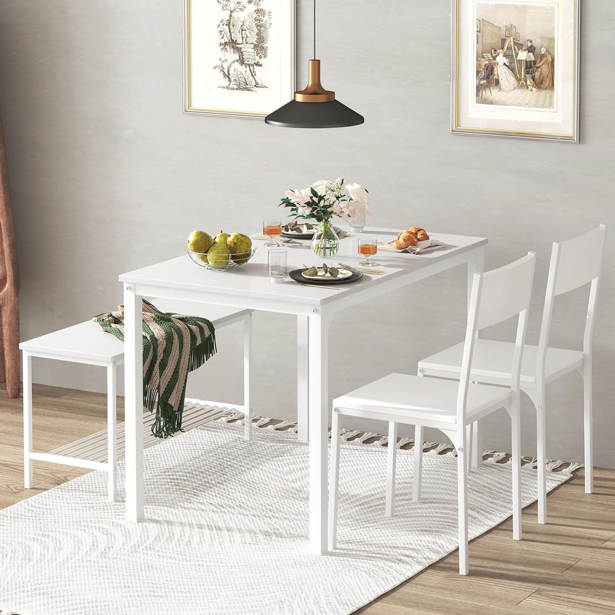 soges 4-Piece Dining Table Set with Bench - 4 Person Kitchen Table and 2 Chairs for Small Spaces, Apartment - Metal Frame & Woodgrain Tabletop, Space-Saving Design, Durable & Easy to Clean, White