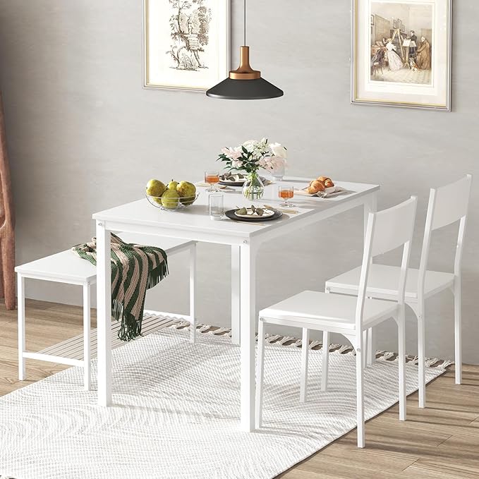 soges 4 Person Dining Table Set,43.3 inch Kitchen Table Set for 4,2 Chairs with Backrest,2-Person Bench with Storage, White Rack,Nesting Furniture Set for Dining Room and Restaurant, White