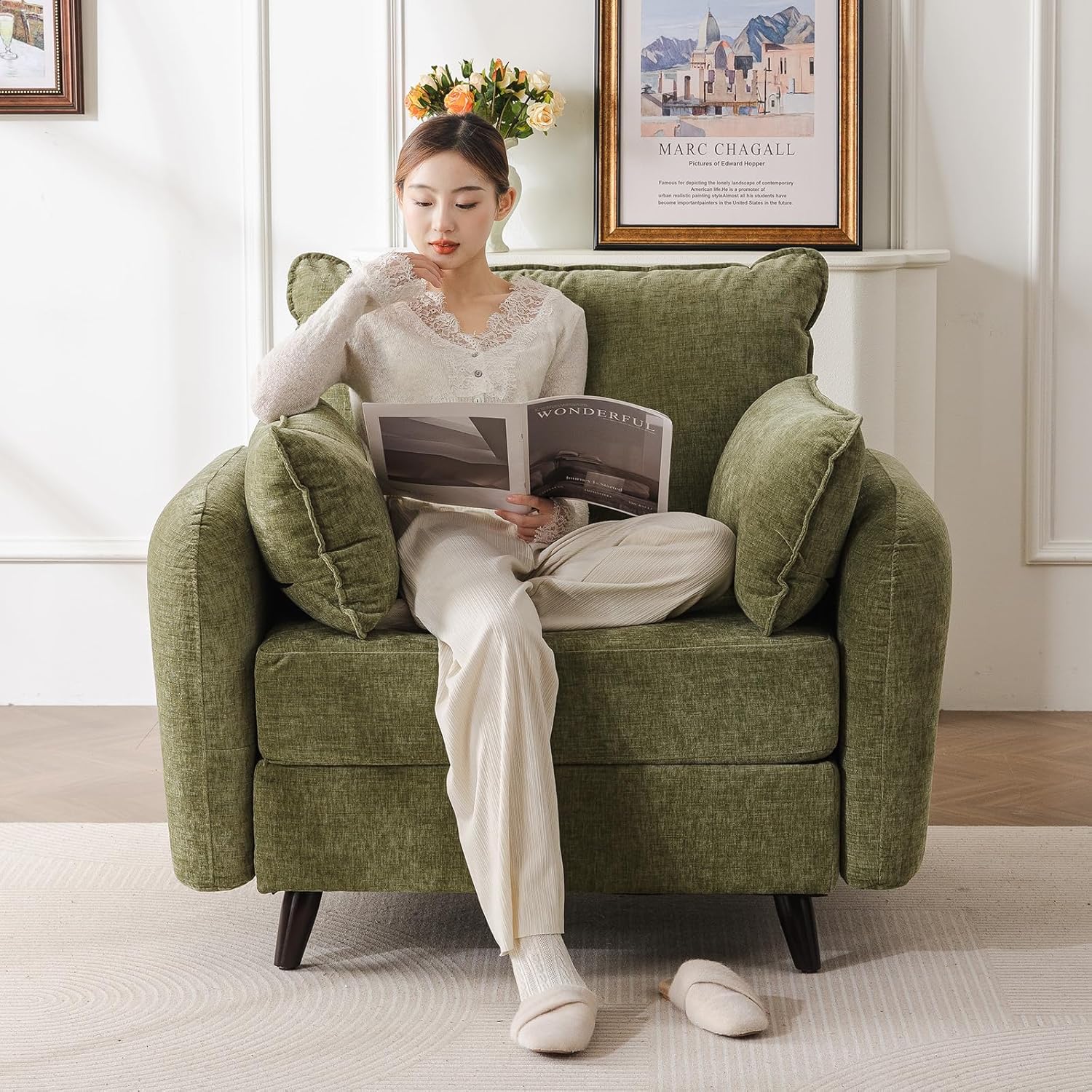 Rexulqo Oversized Accent Chair with All Seats Storage,Comfy Living Room Chairs with 2 Throw Pillow,Upholstered Mid-Century Armchair,24.5'' Deep Seat,Reading Chair for Bedroom,Office,Chenille,Green