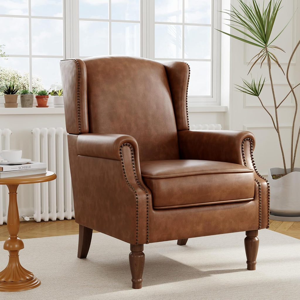 PU Leather High Back Accent Chair, Upholstered Armchair with Solid Wood Legs, Comfy Wingback Reading Single Sofa Chair for Small Spaces, Living Room, Bedroom(Leather Brown, Set of 2)