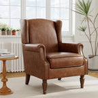 PU Leather High Back Accent Chair, Upholstered Armchair with Solid Wood Legs, Comfy Wingback Reading Single Sofa Chair for Small Spaces, Living Room, Bedroom(Leather Brown, Set of 2)