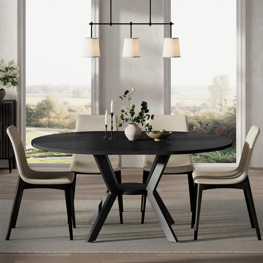 42"-58" Extendable Round Dining Table with Built-in Flip Leaf, Modern Oval Kitchen Table for 4-6, Space-Saving Small Room Furniture with Storage Shelf and X-Shaped Metal Base for Kitchen, Dining Room