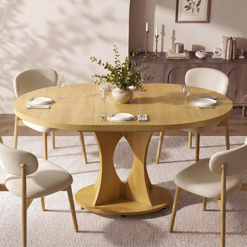 Einhomn 43-59" Extendable Round Dining Table, Kitchen Table for 4-8, Farmhouse Circle Dining Room Table with Removable Leaves,Hidden Storage, Space Saving Wood Kitchen & Dining Room Furniture, Oak