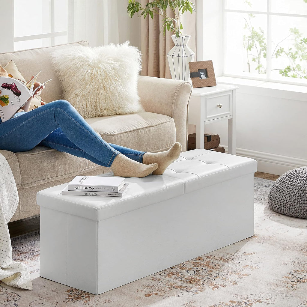 SONGMICS 43.3 Inches Folding Storage Ottoman Bench with Flipping Lid | Storage Chest Footrest Padded Seat, Iron Frame Support, Cloud White and Ink Black, MINOTA Collection ULSF75WT