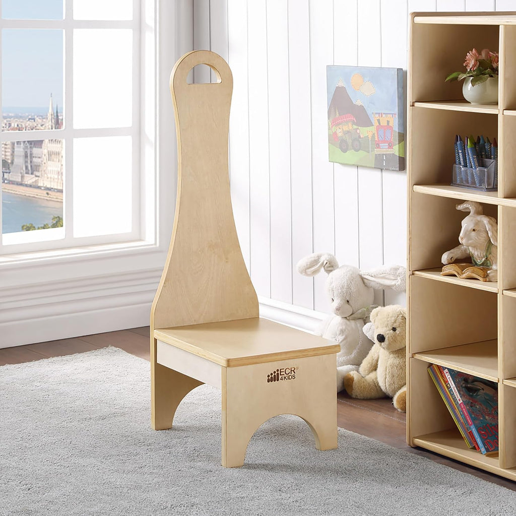 ECR4Kids Step Stool with Long Handle, One Step, Wooden, Montessori Furniture, Natural