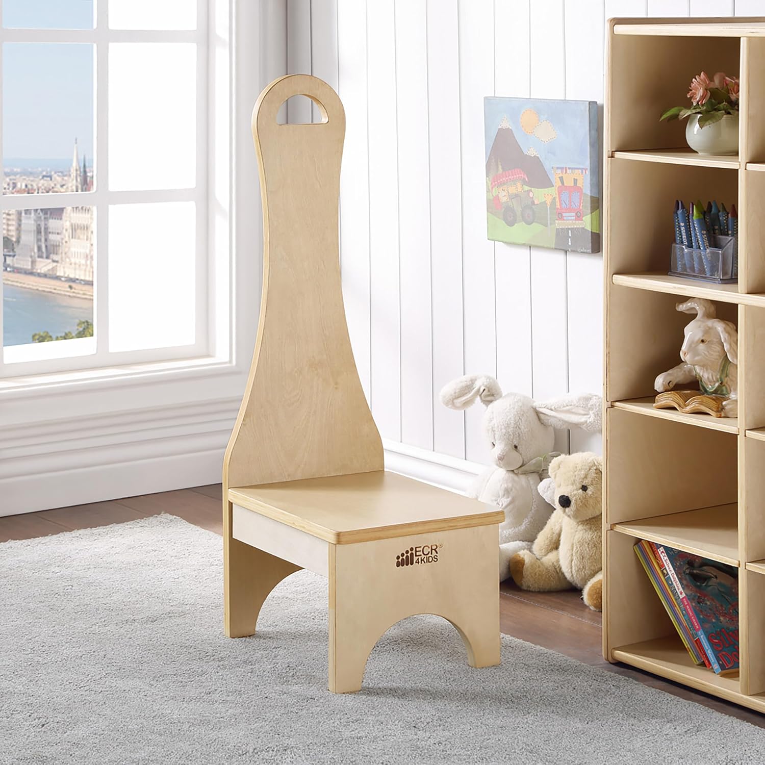 ECR4Kids Step Stool with Long Handle, One Step, Wooden, Montessori Furniture, Natural