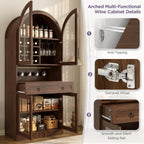Merax 70" Tall Arched Farmhouse Pantry Cabinet with Glass Doors, Walnut | Mid-Century Kitchen Storage Cupboard with 9 Wine Racks, Adjustable Shelf, and Large Drawer for Coffee Bar, Liquor Storage