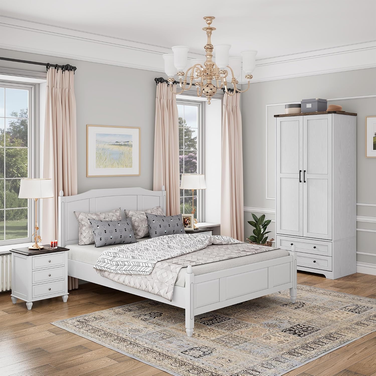 Brafab 2 Doors Wooden Armoire Wardrobe Closet with 2 Drawers, White | 2 Modern Doors, Freestanding, with Drawers and Hanging Rail, Wooden Storage Cabinet with Shelf, for Bedroom